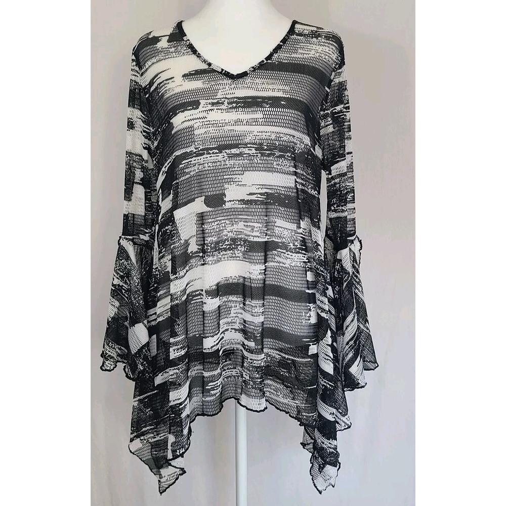 DOR DOR COUTURE Black/Whit Boho Festival Mesh Bell Sleeve Arc Hem Tunic Blouse L